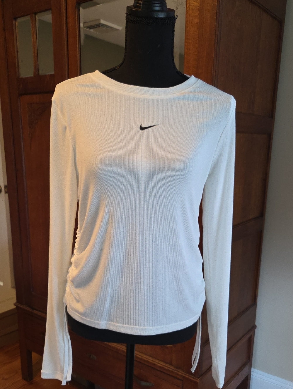 Nike White Ribbed Long Sleeve Crew with Black Swoosh